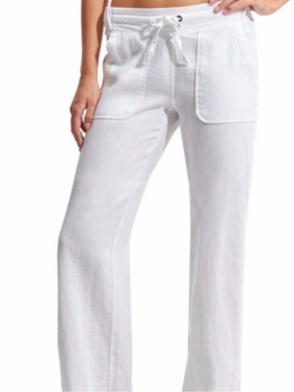 Athleta LINEN HIGH RISE WIDE LEG PANT White Drawstring Sz 0 Resortwear